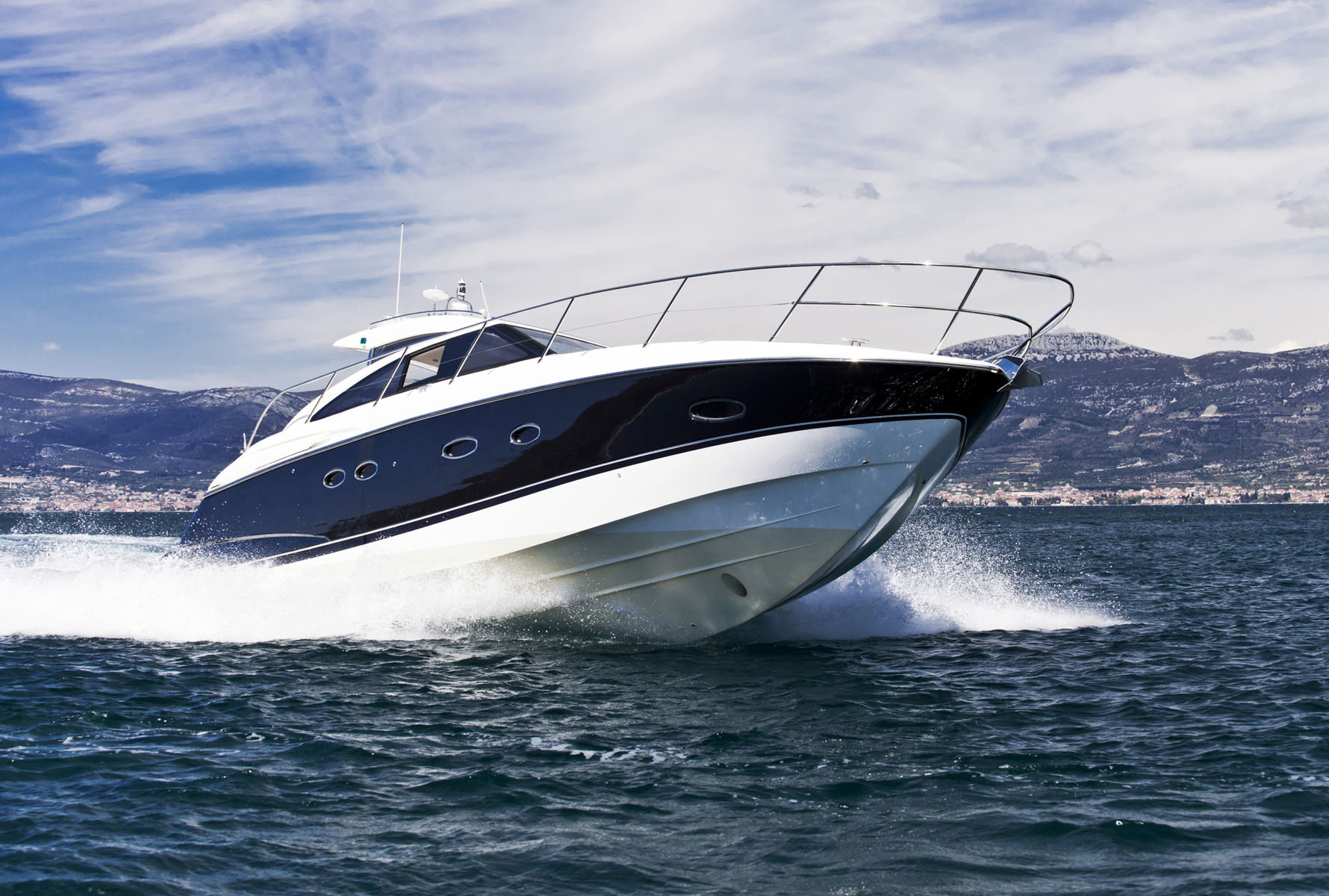 Luxurious yacht speedboat riding on a sea